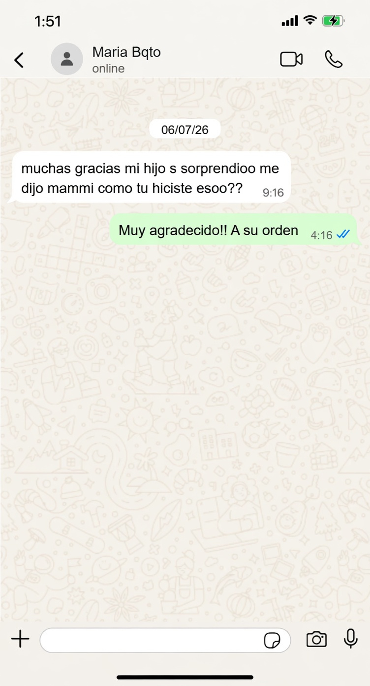 Cliente agradecida por sorprender a su hijo