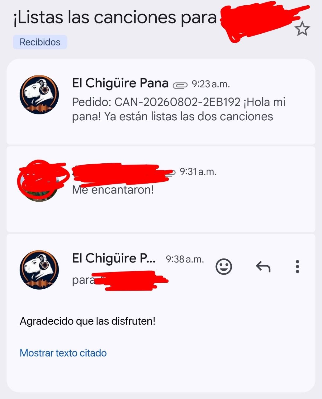 Cliente confirma por correo que le encantaron sus dos canciones